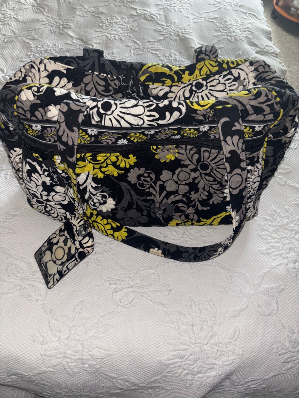 Vera Bradley Black Quilted Tote with Yellow and Gray Floral Print